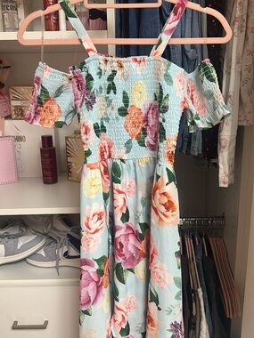 Rare Editions Light Blue Floral Off-Shoulder Smocked Dress